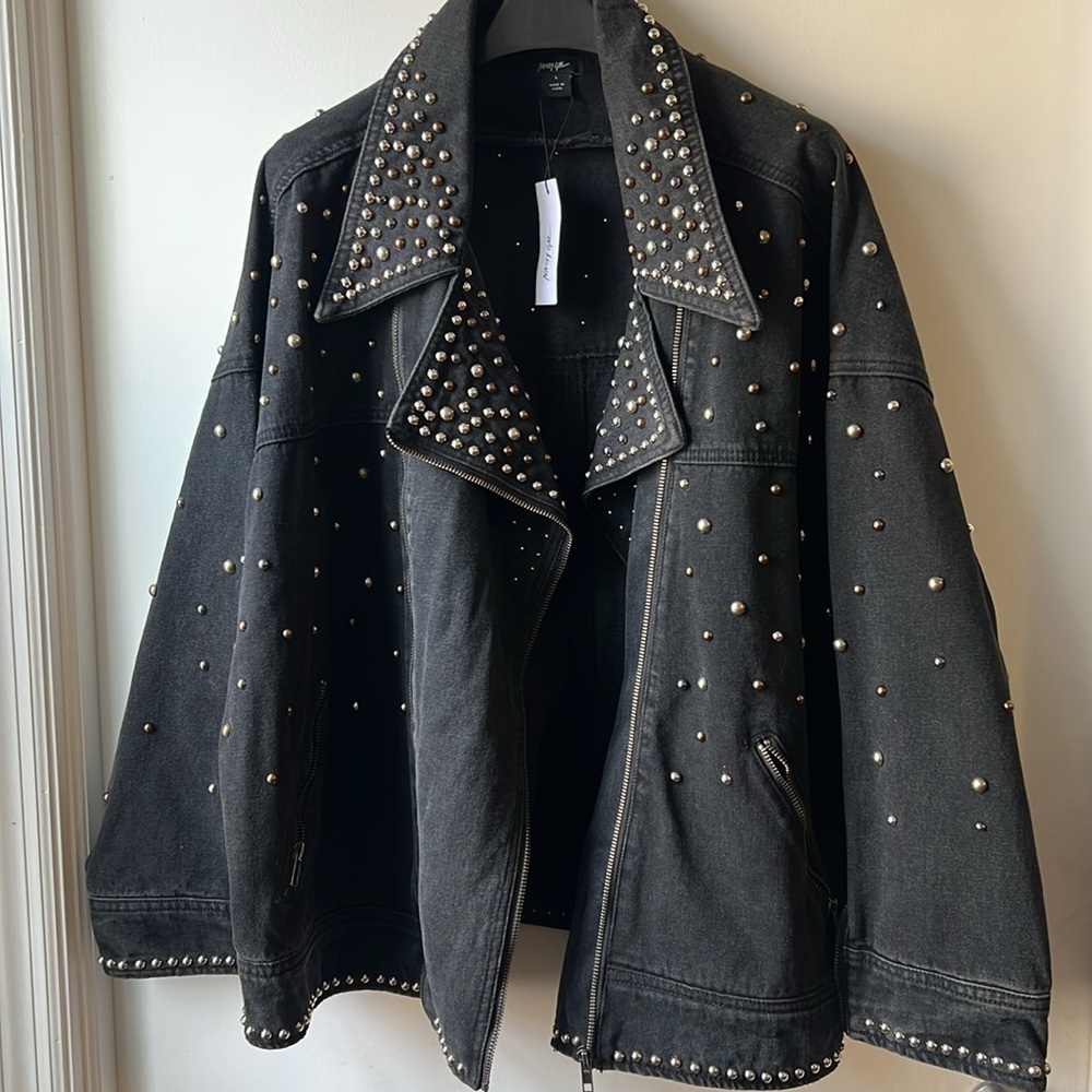 Nasty Gal Studded Black Denim oversize biker Jacket size L - Picture 4 of 9